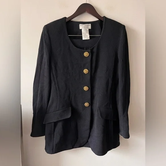 St.John Collection Wool Black Jacket Blazer and Skirt SET with Gold Buttons - 10 - Picture 1 of 11